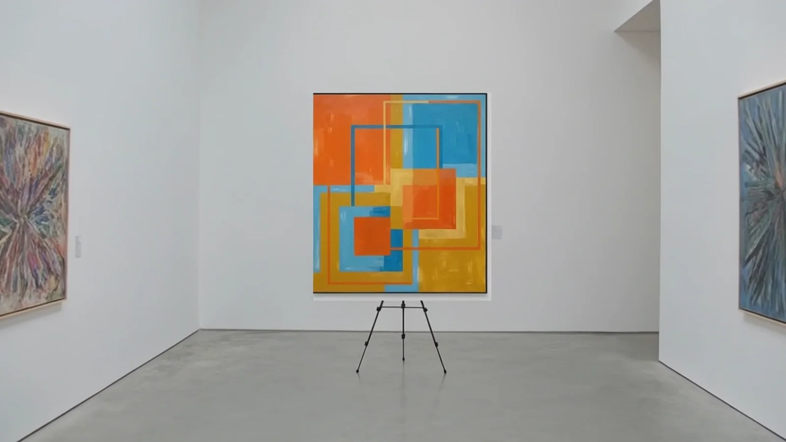 Blick durch einen Durchgang in einen Ausstellungsraum mit mehreren gerahmten Werken
